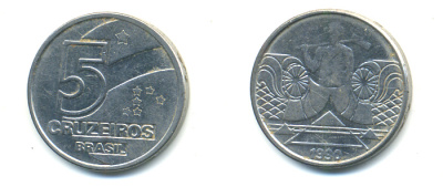 Бразилия 5 крузейро 1990 фермер KM 618.1 нержавеющая сталь aUNC 93-655