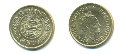 ДАНИЯ 20 КРОН 1996 МАРГАРЕТ II KM 878 алюминиевая бронза 179-242