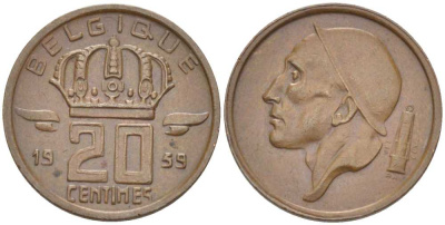 БЕЛЬГИЯ 20 САНТИМОВ 1959 BELGIQUE KM 146 бронза 201-1245
