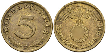 Германия 5 рейхспфеннигов 1939 D KM 91, J. 363 алюминиевая бронза 4151-763