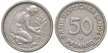 ФРГ 50 пфеннигов 1949 G KM 104, J. 379 медно-никель 4132-632