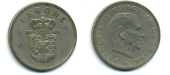 ДАНИЯ 1 КРОНА 1962 C; S, ФРЕДЕРИК IX (1947-1972) KM 851.1 медно-никель 56-327