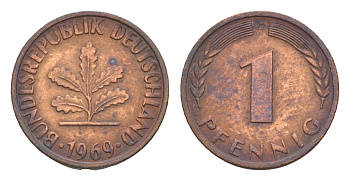 ФРГ 1 пфенниг 1969 D KM 105, J.380 сталь плакированная медью 4164-133