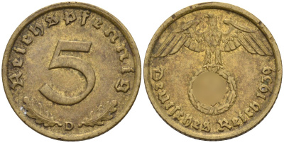 Германия 5 рейхспфеннигов 1939 D KM 91, J. 363 алюминиевая бронза 4151-763