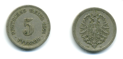 ГЕРМАНИЯ 5 ПФЕННИГОВ 1874 A, СТАРОГЕРБОВКА KM 3, J. 3 медно-никель 54-355