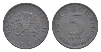 Австрия 5 грошей 1963 KM 2875 цинк 4567-424
