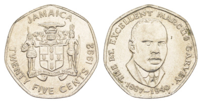 Ямайка 25 центов 1992 KM 147 сталь плакированная никелем UNC 4642-1025