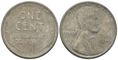 США 1 цент 1943 Авраам Линкольн KM 132 a сталь покрытая цинком 214-556
