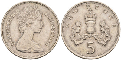 Великобритания 5 пенсов 1978 Елизавета II (1952-2022) KM 911, Spink 4233 (D1) медно-никель 4116-812