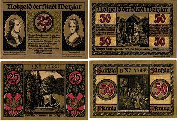 ВЕЦЛАР НАБОР ИЗ 2 БАНКНОТ (25 И 50 ПФЕННИГОВ) 1920 12 СЕНТЯБРЯ 1920 - 14 СЕНТЯБРЯ 1920, НОТГЕЛЬД, ЗЕМЛЯ ГЕССЕН Keller 1422.1 бумага 6318-24-3-2