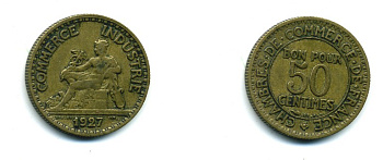 ФРАНЦИЯ 50 САНТИМОВ 1927 ТИП CHAMBRES DE COMMERCE KM 834, LE FRANC 191.10 алюминиевая бронза 84-368