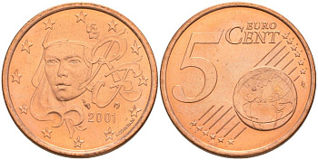 Франция 5 евроцентов 2001 KM 1284 сталь плакированная медью UNC 68-741