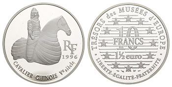 Франция 10 франков = 1 1/2 евро 1996 серия сокровища музеев Европы, китайский всадник, в оригинальной коробке KM 1158 серебро  PROOF  1-6-4-48