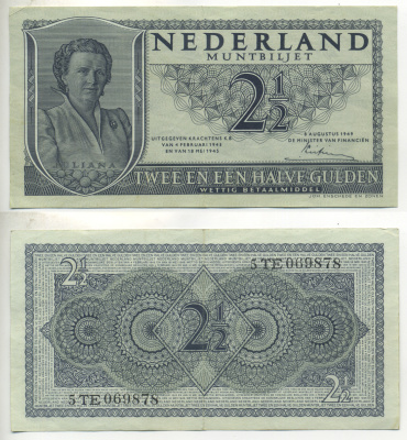 НИДЕРЛАНДЫ 2 1/2 ГУЛЬДЕНА 1949 8 АВГУСТА 1949, КОРОЛЕВА ЮЛИАНА Pick 73 бумага 6312-2-3-2