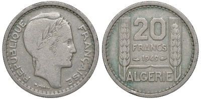 Алжир, Французский 20 франков 1949  KM 91 медно-никель 4606-417