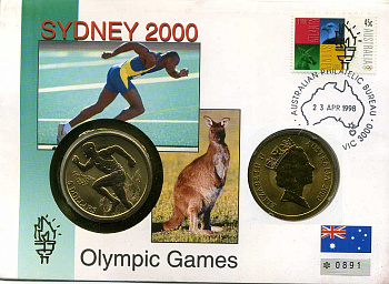 АВСТРАЛИЯ 5 ДОЛЛАРОВ 2000 (1997) ОЛИМПИАДА В СИДНЕЕ, БЕГ, буклет KM 356 алюминиевая бронза UNC 81-3-5