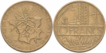 Франция 10 франков 1984 тип Матье KM 940, Le Franc 365.23-24 никель латунь 4402-1145