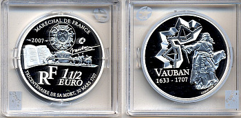 Франция 1 1/2 евро 2007 300 лет со дня смерти военного инженера Себастьена де Вобана KM 1462 серебро PROOF 5-3-1-52
