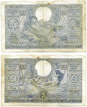 БЕЛЬГИЯ 100 ФРАНКОВ = 20 БЕЛГА 1941 БРЮССЕЛЬ, 18 ОКТЯБРЯ 1941 Pick 107 бумага 8607-101-1