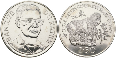 Заир 2 1/2 заира 1975 Горная горилла KM 9 серебро BU 4184-524