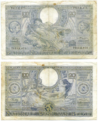 БЕЛЬГИЯ 100 ФРАНКОВ = 20 БЕЛГА 1941 БРЮССЕЛЬ, 18 ОКТЯБРЯ 1941 Pick 107 бумага 8607-101-1