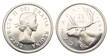 Канада 25 центов 1964 Елизавета II (1952-2022), олень KM 52 серебро BU 413-4044