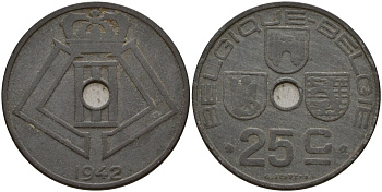 Бельгия 25 сантимов 1942 Belgique - Belgie, Леопольд III (1934-1947), германская оккупация, Вторая мировая война KM 131 цинк 4157-435