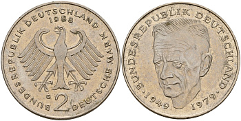 ФРГ 2 марки 1988 G, Курт Шумахер KM 149, J. 424 медно-никель 4159-1247
