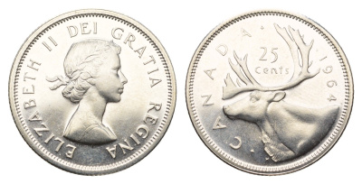 Канада 25 центов 1964 Елизавета II (1952-2022), олень KM 52 серебро BU 413-4044