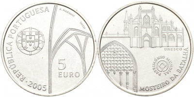 ПОРТУГАЛИЯ 5 ЕВРО 2005 ЮНЕСКО, МОНАСТЫРЬ БАТАЛЬЯ KM 769 серебро UNC 1521-1121