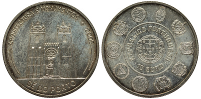 ПОРТУГАЛИЯ 10 ЕВРО 2005 МОНУМЕНТЫ, СОБОР KM 768 серебро UNC 1529-1011