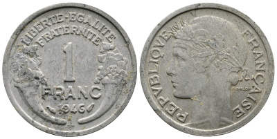 ФРАНЦИЯ 1 ФРАНК 1946 KM 885а.1 алюминий 83-1936
