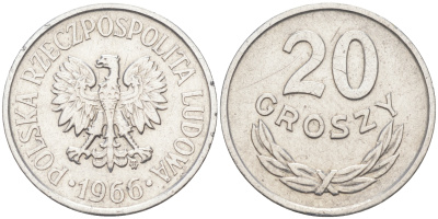 ПОЛЬША 20 ГРОШЕЙ 1966 MW KM A47 алюминий VF-XF 188-265