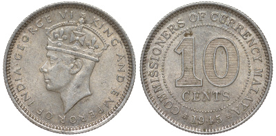 Британская Малайя 10 центов 1945 Георг VI (1937-1952) KM 4a серебро 53-264
