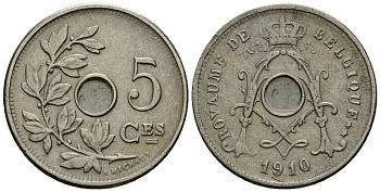 Бельгия 5 сантимов 1910 Belgique, Альберт I (1909-1934) KM 66 медно-никель 4173-438
