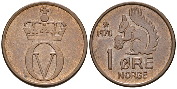 Норвегия 1 эре 1970 белка, Улаф V (1958-1991) KM 403 бронза UNC 4580-947
