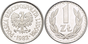 ПОЛЬША 1 ЗЛОТЫЙ 1982 MW, НАБОРНАЯ KM 49.1, Parchimowicz 213u алюминий UNC 216-836