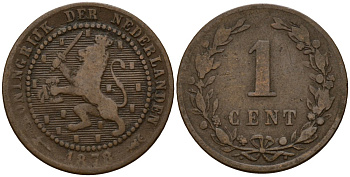 Нидерланды 1 цент 1878 Виллем III (1849-1890) KM 107 бронза 4154-858