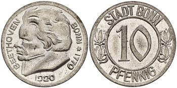 Германия, Бонн 10 пфеннигов 1920 Бетховен, Северный Рейн-Вестфалия, нотгельд Funck 51.1A железо 08-951