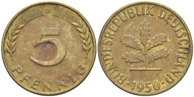 ФРГ 5 пфеннигов 1950 D KM 107, J.382 сталь плакированная латунью 4174-748