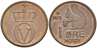 Норвегия 1 эре 1970 белка, Улаф V (1958-1991) KM 403 бронза UNC 4580-947