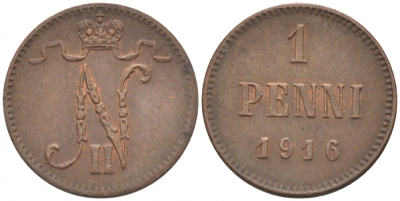 РОССИЯ ДЛЯ ФИНЛЯНДИИ 1 ПЕННИ 1916 НИКОЛАЙ II (1895-1917) KM 13, Биткин 476 медь 211-1062