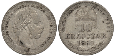 Венгрия 10 крейцеров 1869 KB, Франц Иосиф I  (1848-1917) KM 443.1 серебро 1526-1131