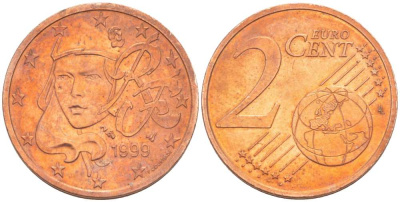 Франция 2 евроцента 1999 KM 1283 сталь плакированная медью 218-131
