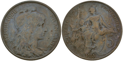 Франция 5 сантимов 1913 KM 842, Le Franc 119.5 бронза 51-2257