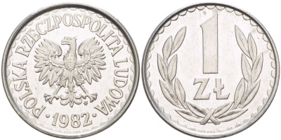 ПОЛЬША 1 ЗЛОТЫЙ 1982 MW, НАБОРНАЯ KM 49.1, Parchimowicz 213u алюминий UNC 216-836