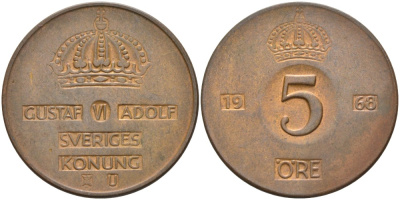 Швеция 5 эре 1968 U, Густав VI Адольф (1950-1973) KM 822 бронза 4557-826