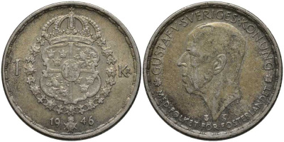 Швеция 1 крона 1946 TS, Густав V (1907-1950) KM 814 серебро 202-536