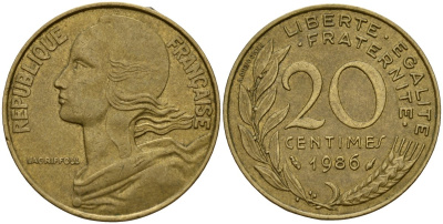 Франция 20 сантимов 1986 KM 930 алюминиевая бронза 4156-712