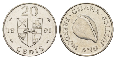 Гана 20 седи 1991 раковина KM 30 никелированная сталь  UNC  M65-08